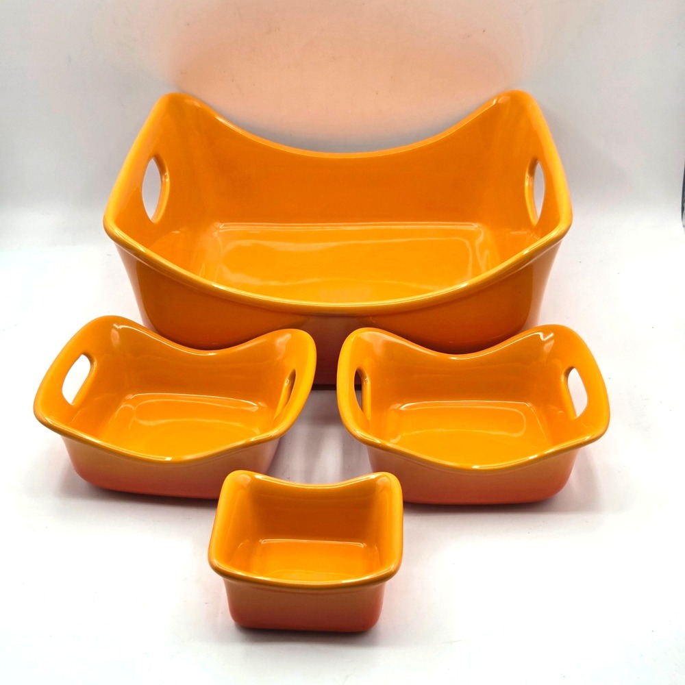 Rachael Ray Bubble & Brown Oven ORANGE Stoneware Bakeware Dipping Bowl Set of 4
